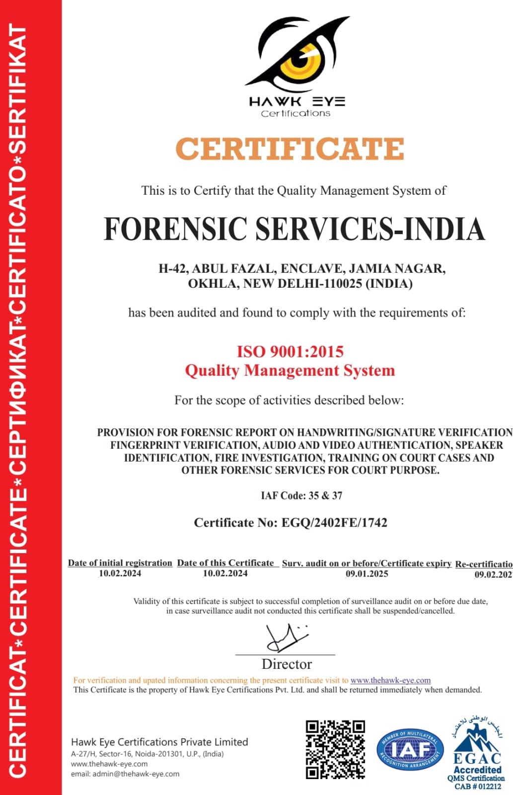 VS TRACEWISE FORENSIC SERVICES Certification